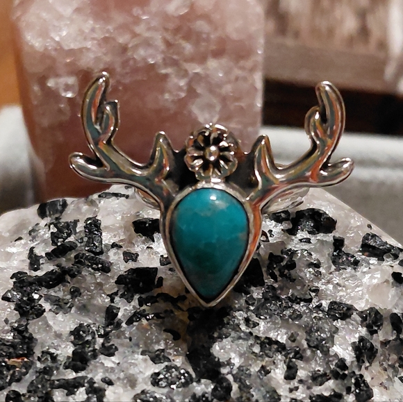 Silver Antler Deer Turquoise Ring Size 7.25 - Picture 4 of 13